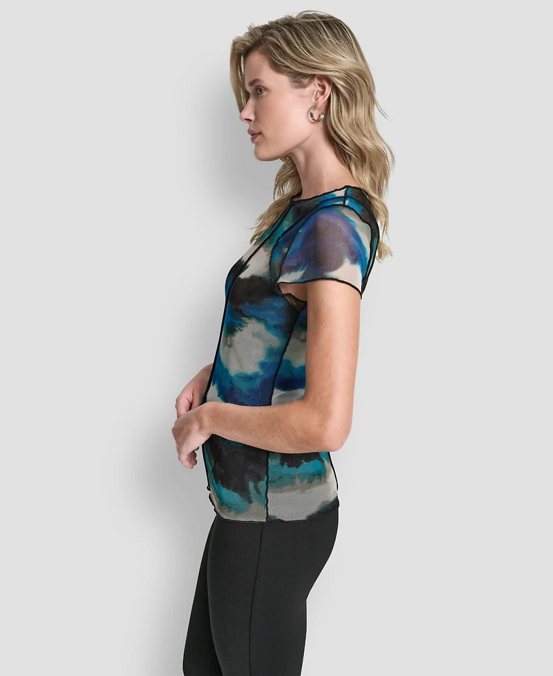 Dkny Women's Printed Mesh Xposd Seam Short Sleeve Top