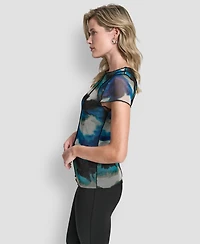 Dkny Women's Printed Mesh Xposd Seam Short Sleeve Top