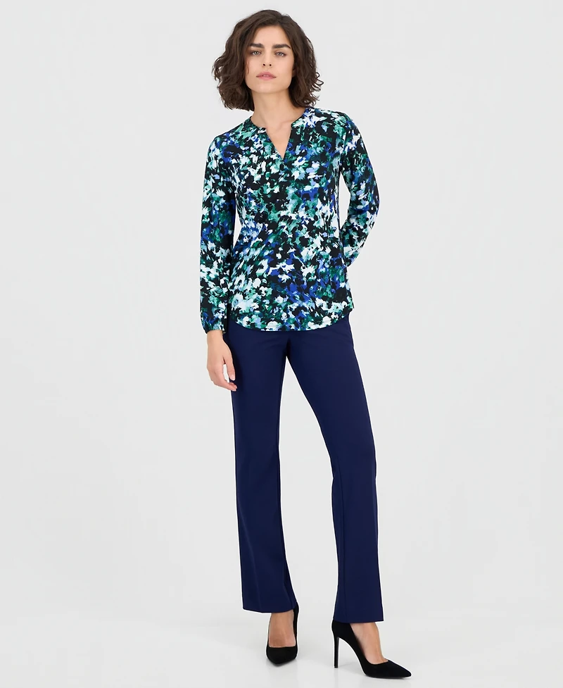 Ak Anne Klein Women's Printed Split-Neck Long-Sleeve Top