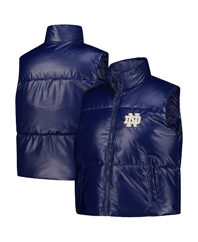 ZooZatz Women's Navy Notre Dame Fighting Irish Metallic Cropped Full-Zip Sleeveless Puffer Vest