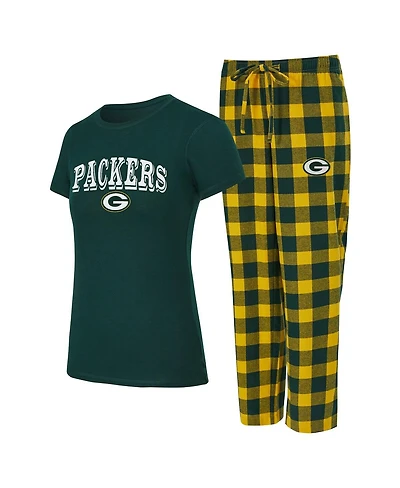 Concepts Sport Women's 2-Piece Green/Gold Green Bay Packers Avondale T-Shirt and Pants Flannel Pajama Set