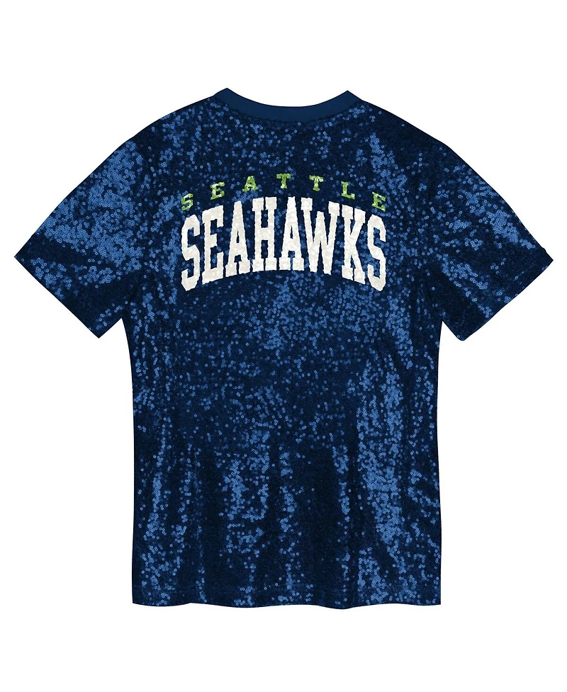 Outerstuff Big Girls College Navy Seattle Seahawks Wordmark Sequin V-Neck T-Shirt