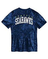 Outerstuff Big Girls College Navy Seattle Seahawks Wordmark Sequin V-Neck T-Shirt