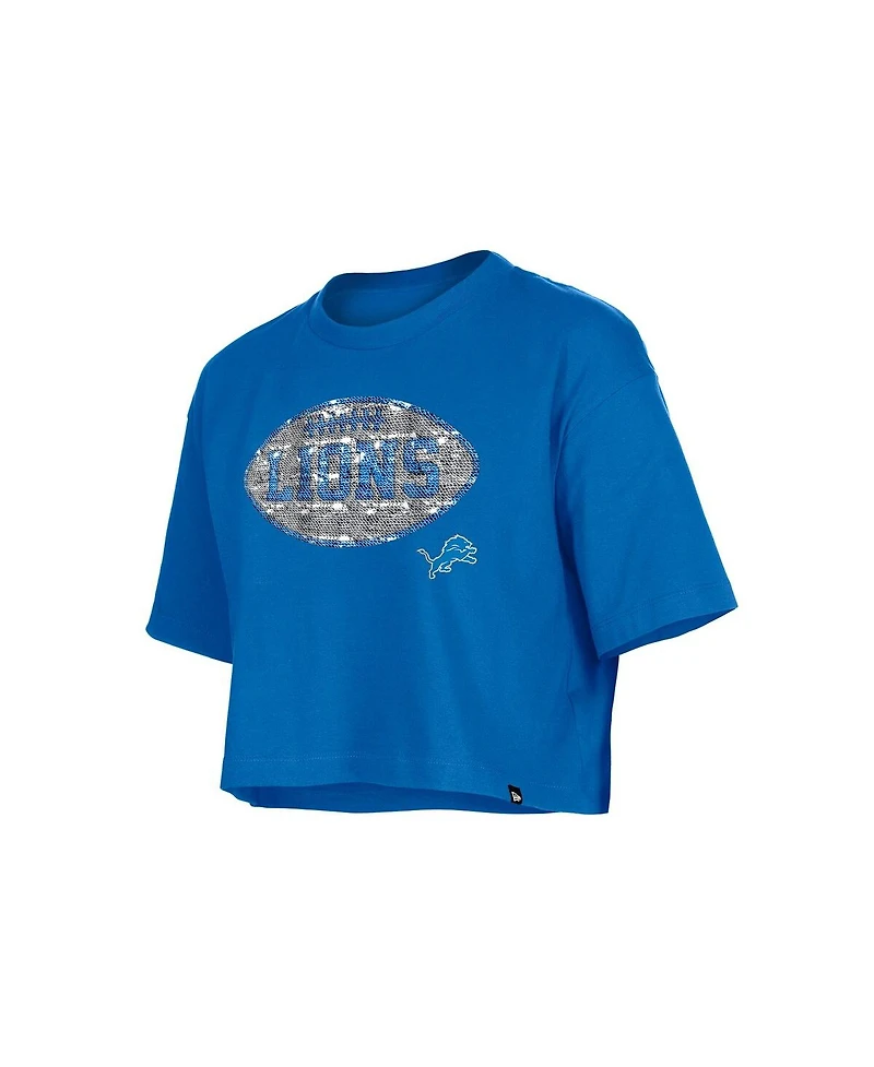 New Era Girls Blue Detroit Lions Flip Sequin Boxy T-Shirt