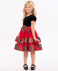 Bonnie Jean Girls 2-6X Short Sleeve Velvet to Tiered Plaid Dress