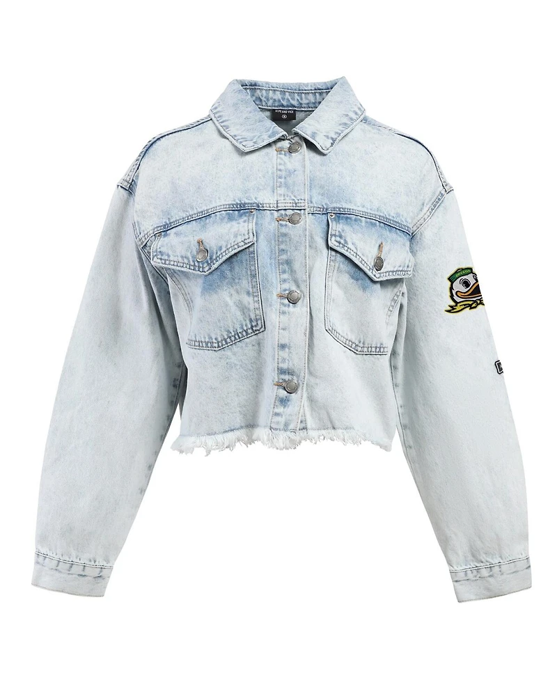 Hype and Vice Women's Denim Oregon Ducks Lightwash Cropped Button-Up Jean Jacket