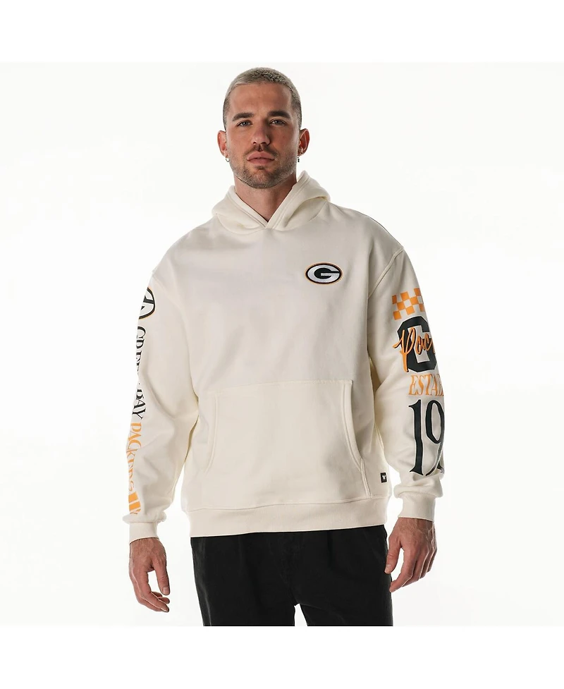 The Wild Collective Men's and Women's Cream Green Bay Packers Stacked Graphic Sleeve Fleece Hoodie