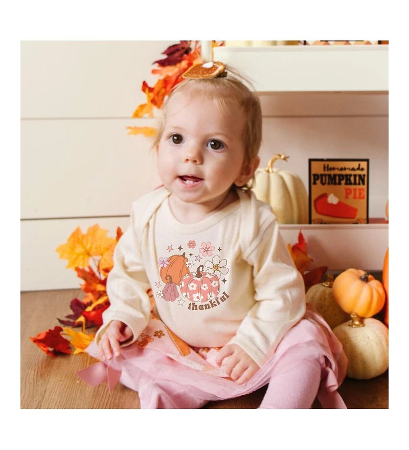 Sweet Wink Baby Girls Thankful Pumpkin Daisy Thanksgiving Long Sleeve Bodysuit