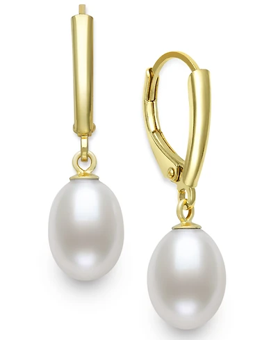 Belle de Mer Cultured Freshwater Drop Pearl (7-8mm) Earrings in 14k Gold over Silver