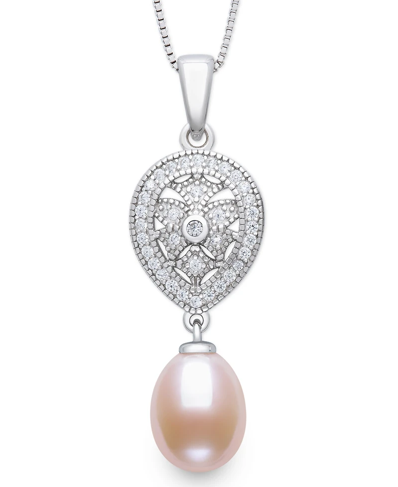 Belle de Mer Cultured Freshwater Blush Pink Drop Pearl (8-9mm) and Lab Created Sapphire Necklace in Sterling Silver