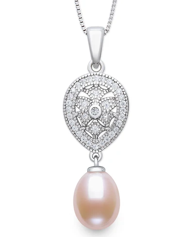 Belle de Mer Cultured Freshwater Blush Pink Drop Pearl (8-9mm) and Lab Created Sapphire Necklace in Sterling Silver