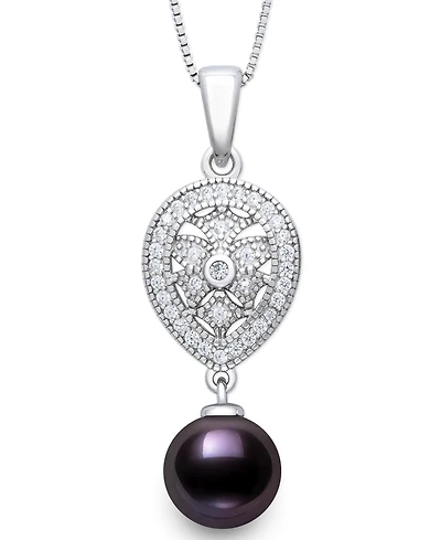 Belle de Mer Freshwater Peacock Black Pearl (8-9mm) and Lab Created Sapphire Drop Necklace in Sterling Silver