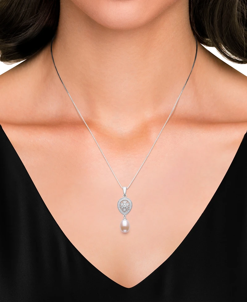 Belle de Mer Cultured Freshwater Blush Pink Drop Pearl (8-9mm) and Lab Created Sapphire Necklace in Sterling Silver