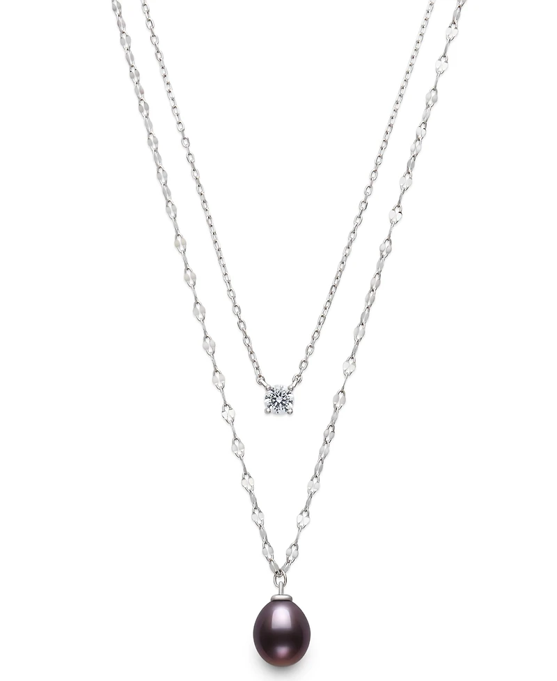 Belle de Mer Cultured Freshwater Peacock Black Drop Pearl (8-9mm) and Lab Created Sapphire Necklace in Sterling Silver