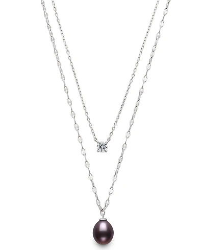 Belle de Mer Cultured Freshwater Peacock Black Drop Pearl (8-9mm) and Lab Created Sapphire Necklace in Sterling Silver