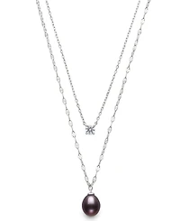 Belle de Mer Cultured Freshwater Peacock Black Drop Pearl (8-9mm) and Lab Created Sapphire Necklace in Sterling Silver