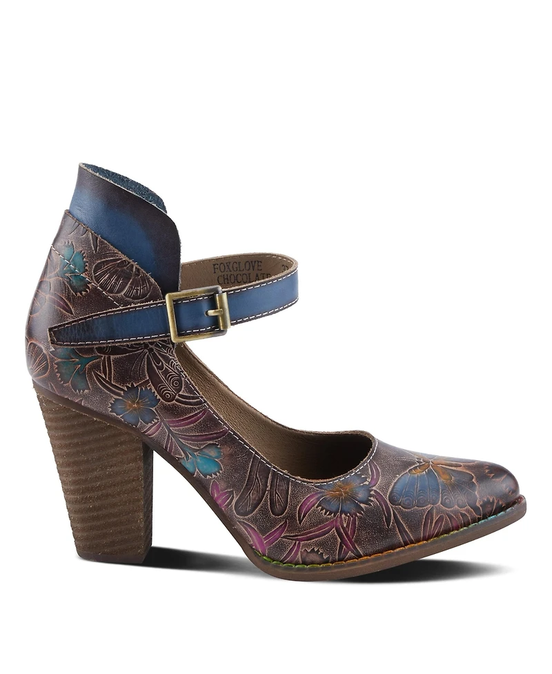 L Artiste Women s Foxglove Leather Pumps with Floral Butterfly Art, Ankle Strap, and Stacked Western Heel