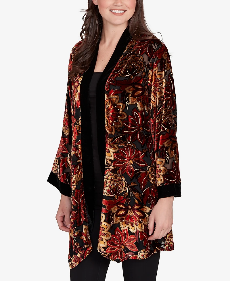 Ruby Rd. Petite Printed Velvet Burnout Open Cardigan Sweater