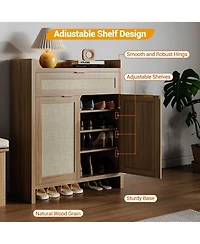 Boho Shoe Cabinet, 32 Inch Rattan Shoe Organizer with Doors and Drawer, Coffee Bar Cabinet with Adjustable Shelf, Wooden Accent Console Table,Brown