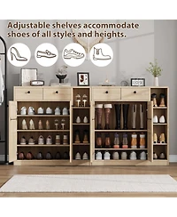 42" Tall Modern Shoe Storage Cabinet with Doors and Drawers, 3 Adjustable Shelves, 4-Tier Shoes Rack Organizer Cabinet for Entryway, Natural