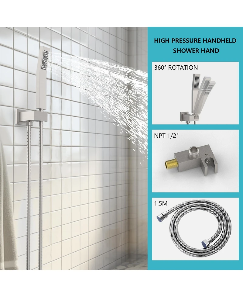Rainsken Rainfall Shower System With Storage Rack 10 inch Shower Faucet Set Brushed Nickel with High Pressure with Square Shower Head