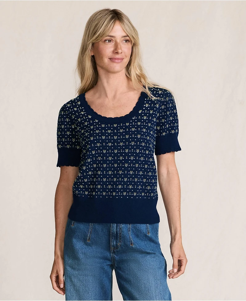 Lands' End Women's Fine Gauge Cotton Jacquard Scoop Neck Sweater