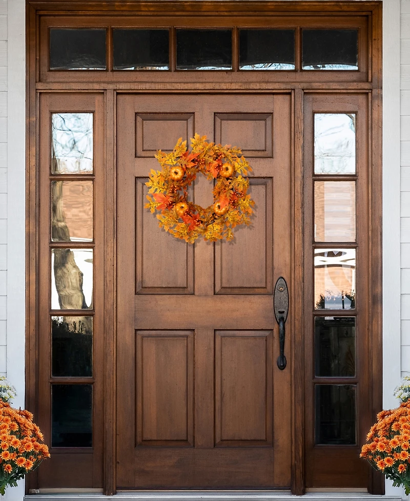 Fall Leaves Pumpkins And Berries Artificial Thanksgiving Wreath Unlit, 22"