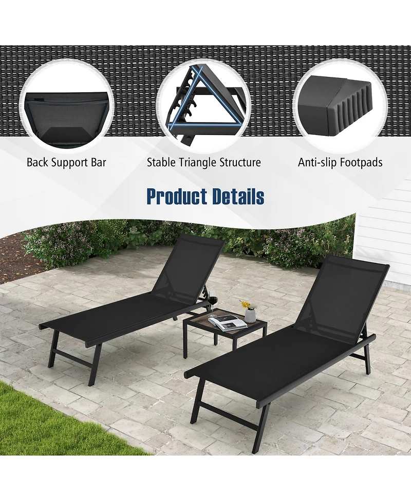 Gymax 3pcs Patio Chaise Lounge Set Aluminum Recliner Chair Table Outdoor