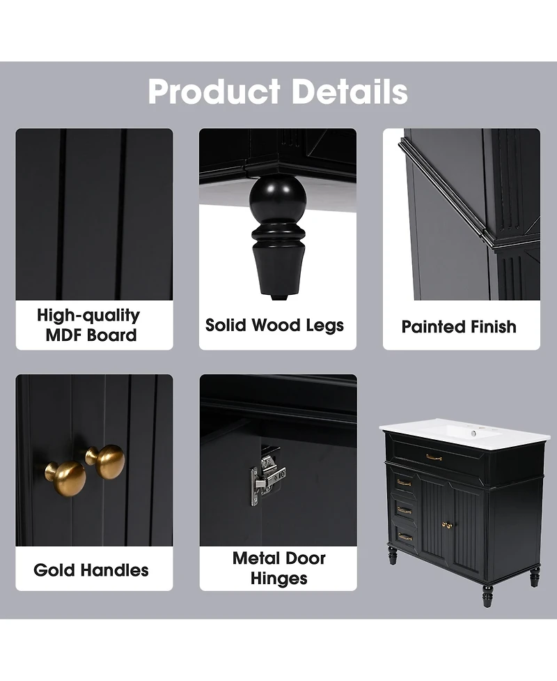 Bathroom Vanity with Sink Black Bathroom Cabinet with Drawers Solid Frame and Mdf Board One Package