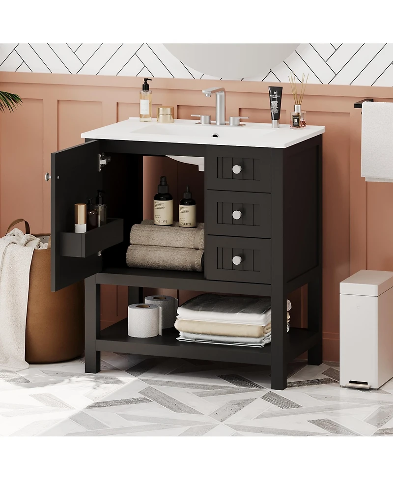 Lovmor 30inch Transitional Style Bathroom Vanity Cabinet Combo with Ceramic Sink Soft Close Door