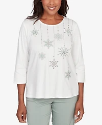 Alfred Dunner Petite Stockbridge Snowflake Cultivated Pearl Studded Shimmer Top