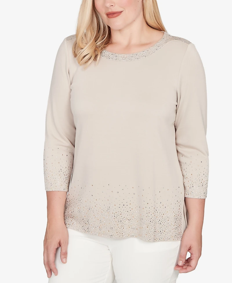 Alfred Dunner Petite Vienna Heat Set Sparkle Ombre Border Knit Top