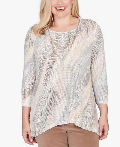 Alfred Dunner Petite Vienna Diagonal Animal Print Top with Necklace