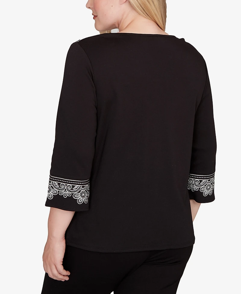 Alfred Dunner Petite Barcelona Embroidered Scroll Accent Soft Knit Top