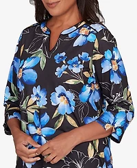 Alfred Dunner Petite Barcelona Watercolor Floral Velvet Trim Top