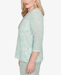 Alfred Dunner Petite Stockbridge Floral Velvet Soutache Mesh Top with Necklace