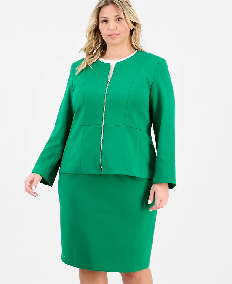 Le Suit Plus Zip-Front Ponte Jacket & Slim-Fit 2 Piece Skirt