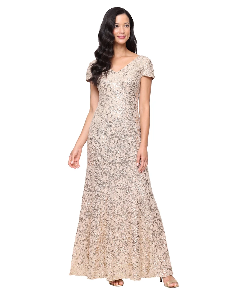 Alex Evenings Women's V-Neck Short Sleeves Fit & Flare Long Dress