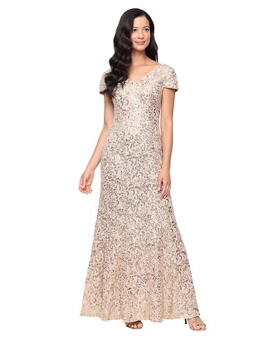 Alex Evenings Women's V-Neck Short Sleeves Fit & Flare Long Dress