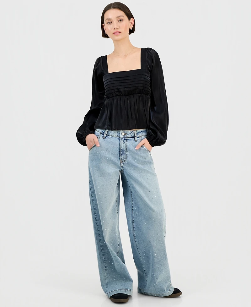 Celebrity Pink Juniors' Embellished Mid-Rise Wide-Leg Jeans