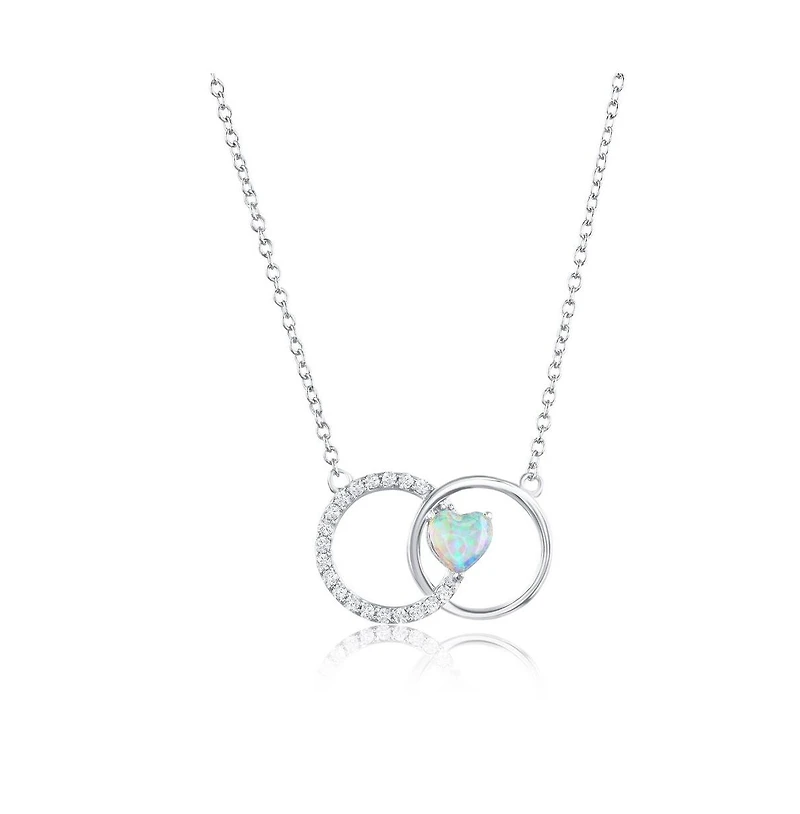 Sterling Silver, Opal Heart, Polished & Cz Circle Necklace