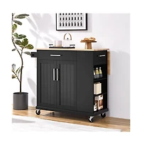 36” H Kitchen Island Cart on Wheels with Solid Wood Top & Storage White