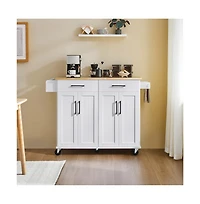 36” H Kitchen Island on Wheels with Solid Wood Tabletop White