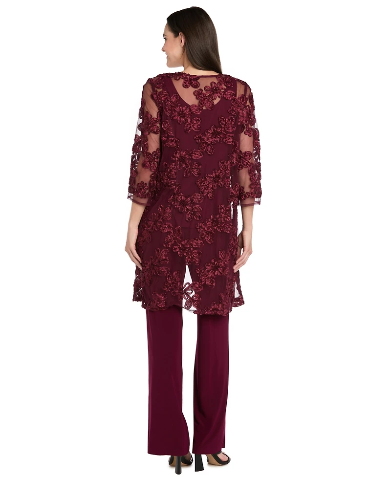 R & M Richards Women's Soutache Long Jacket, Necklace Top Pants Set