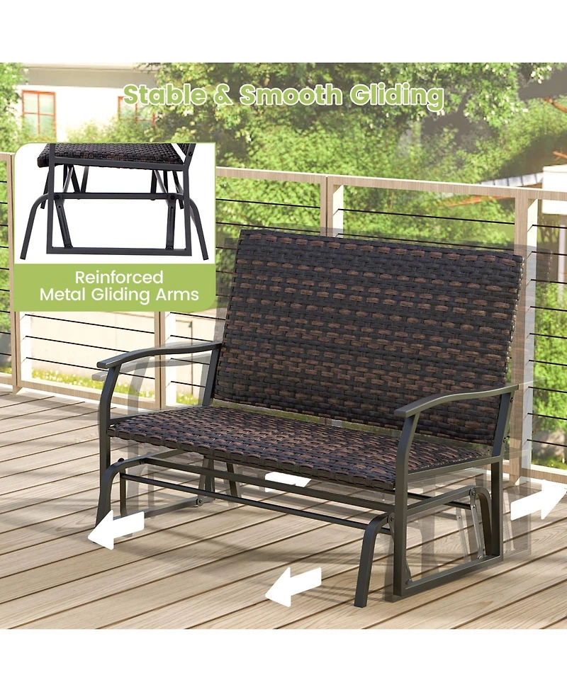 Gymax Outdoor Swing Glider Bench 2-Person Rattan Woven Glider Loveseat w/ Foam Seat