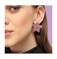 Sohi Women's Pink Embellished Flower Stud Earrings