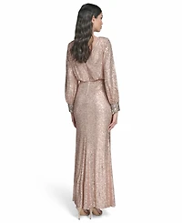 Eliza J Women's Embroidered Cuff Boat Neck Long Gown