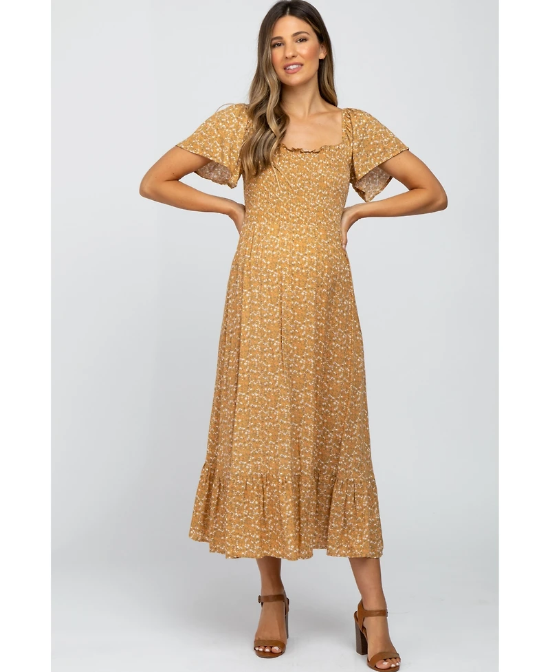 Pinkblush Maternity Mustard Floral Smocked Maxi Dress