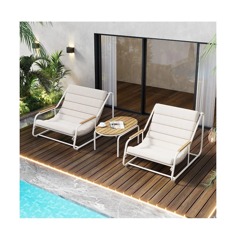 Chic Crate Outdoor Chaise Lounge Chairs Set of 3 with Acacia Side Table, Patio Pool Loungers for Lawn & Deck