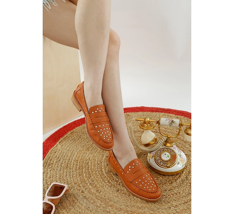 Rag & Co Oglavia Studs Embellished Leather Loafers Women